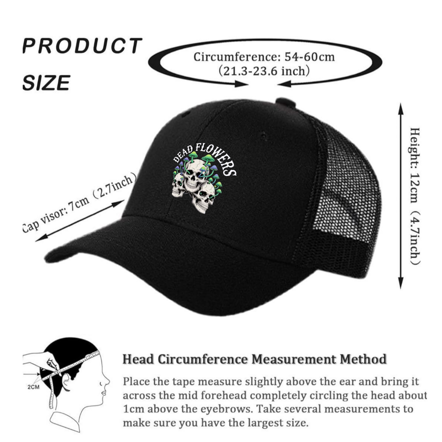 Dead Flowers Black Baseball Cap, Skull Mushroom Design, Part of The Dead Flowers Collection