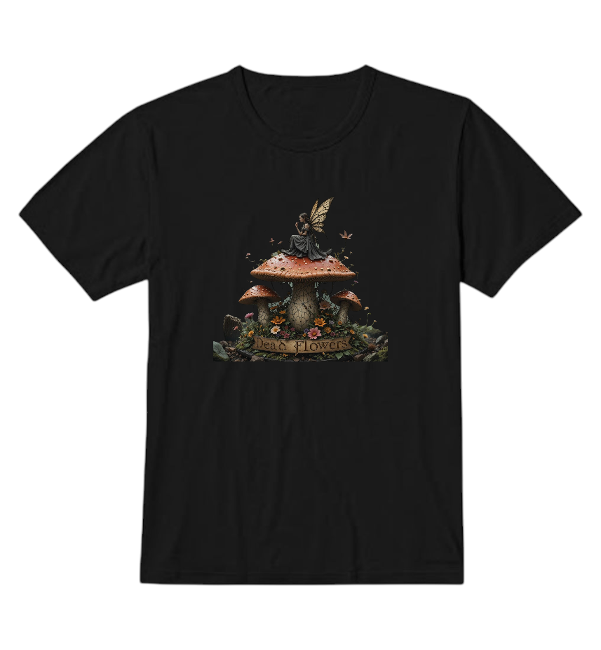 Dead Flowers Gothic Fairy Mushroom T-Shirt, Black, Fantasy Woodland Art Design, Mystical Nature Print