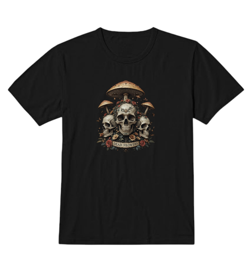 Dead Flowers Gothic T-Shirt, Black, Cotton, Skull Mushroom Rose Design, Dark Alternative Style