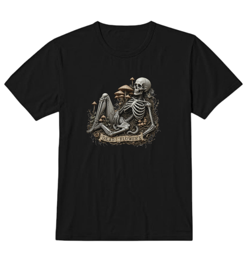 Dead Flowers Gothic Skeleton T-Shirt, Black, Cotton, Mushroom Design, Dark Fantasy Art Print