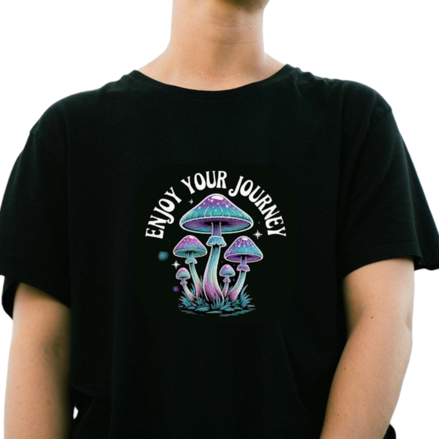 Enjoy Your Journey Graphic T-Shirt, Black, Crowned Mushroom Design