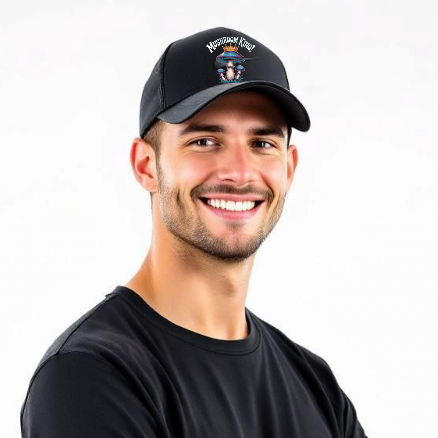 Mushroom King, Black Mesh Trucker Hat, Adjustable 22-24.4 inch, Breathable Crown Design
