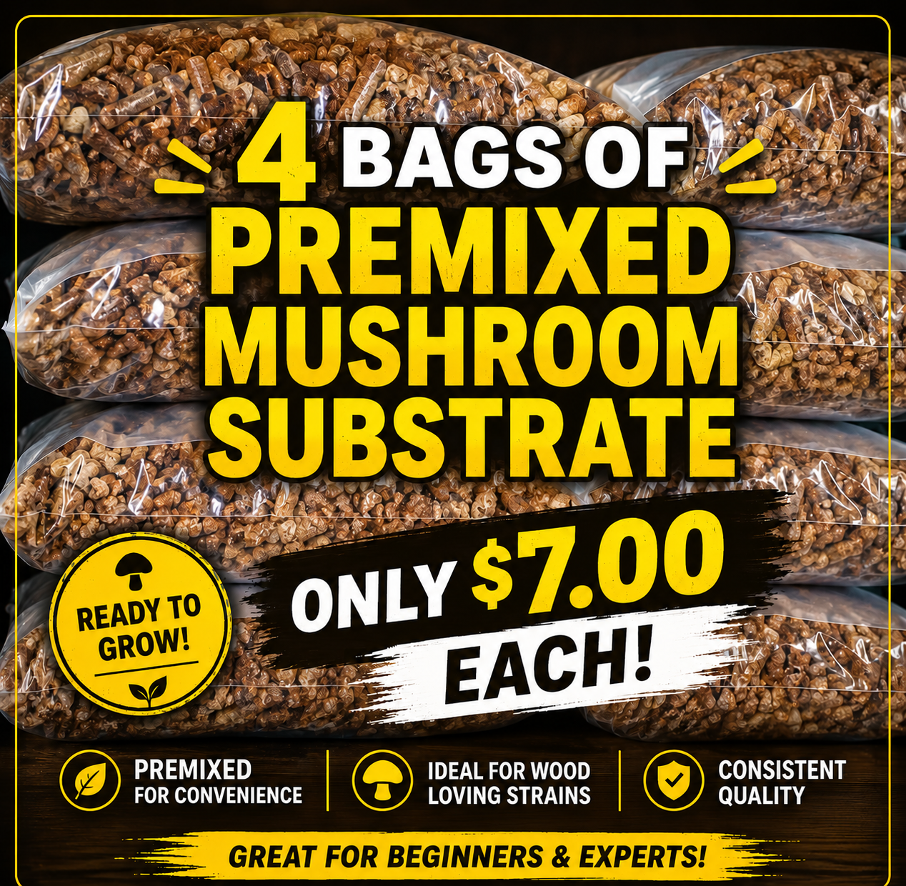 Pre-Measured Mushroom Substrate Made of Soy Hull Pellets, a splash of Alfalfa, and Harwood