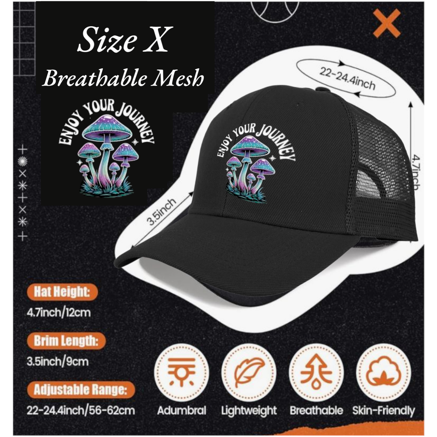 Enjoy Your Journey Mushroom Baseball Cap, Breathable Mesh Trucker Hat, Black, Adjustable 22-24.4 inch