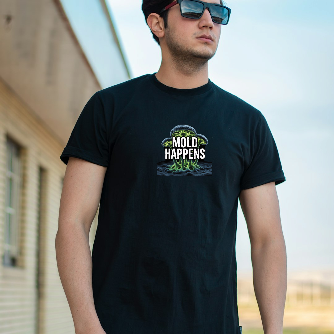 Mold Happens Funny Mushroom Graphic T-Shirt, Black, Cotton Crew Neck