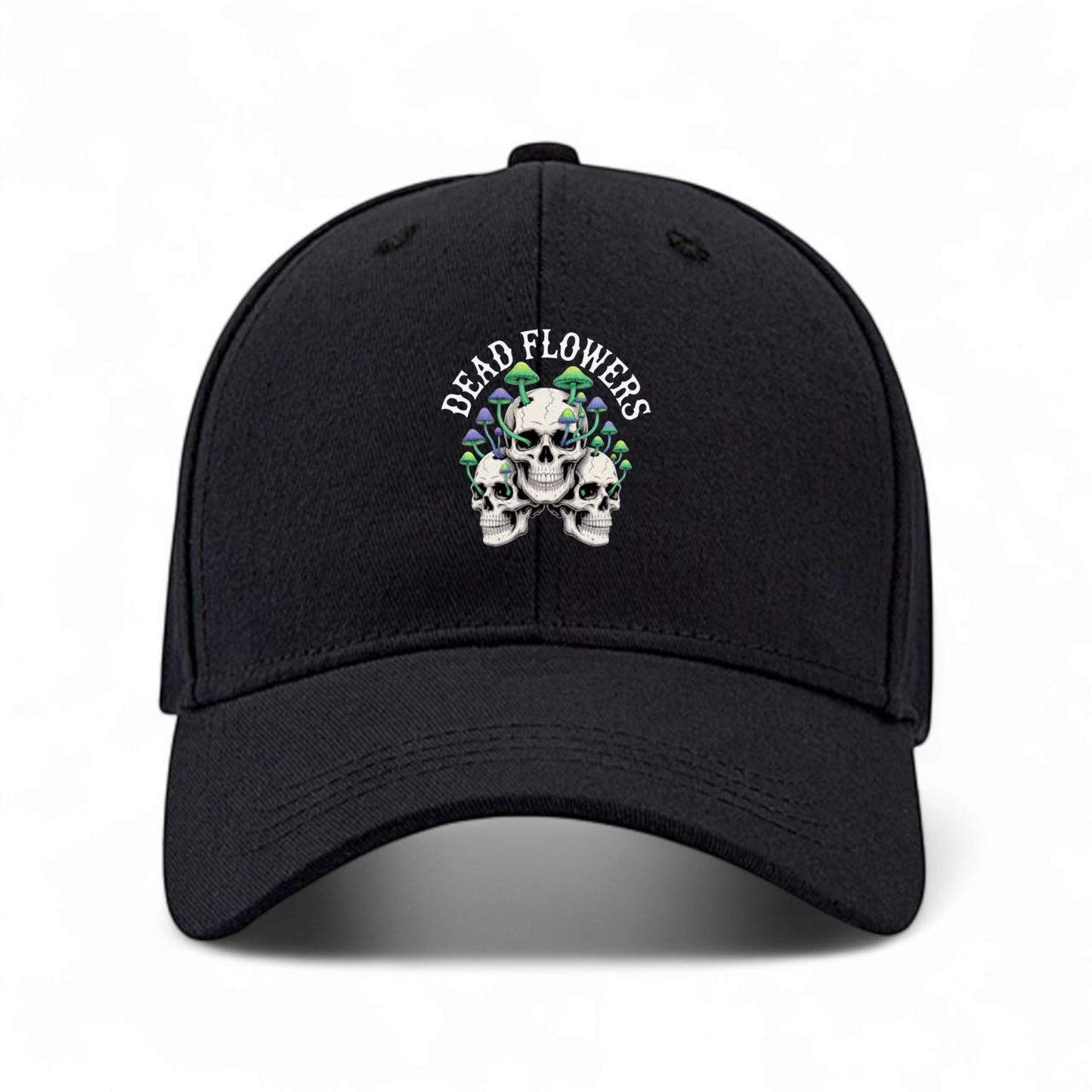 Dead Flowers Black Baseball Cap, Skull Mushroom Design, Part of The Dead Flowers Collection