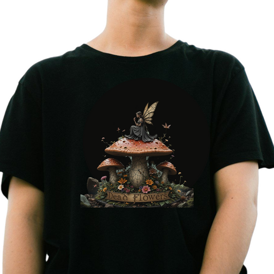Dead Flowers Gothic Fairy Mushroom T-Shirt, Black, Fantasy Woodland Art Design, Mystical Nature Print