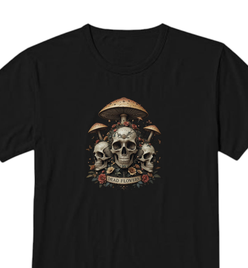 Dead Flowers Gothic T-Shirt, Black, Cotton, Skull Mushroom Rose Design, Dark Alternative Style