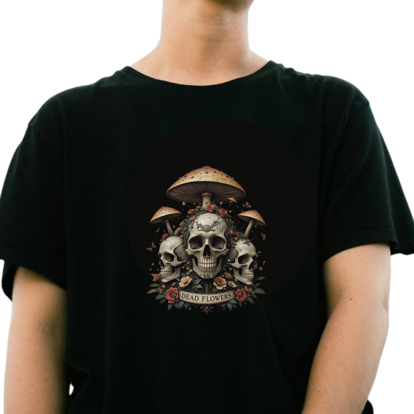 Dead Flowers Gothic T-Shirt, Black, Cotton, Skull Mushroom Rose Design, Dark Alternative Style