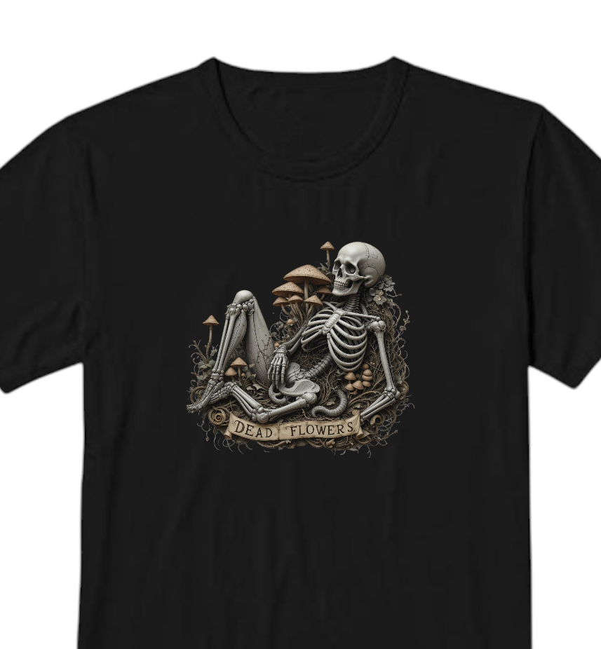 Dead Flowers Gothic Skeleton T-Shirt, Black, Cotton, Mushroom Design, Dark Fantasy Art Print