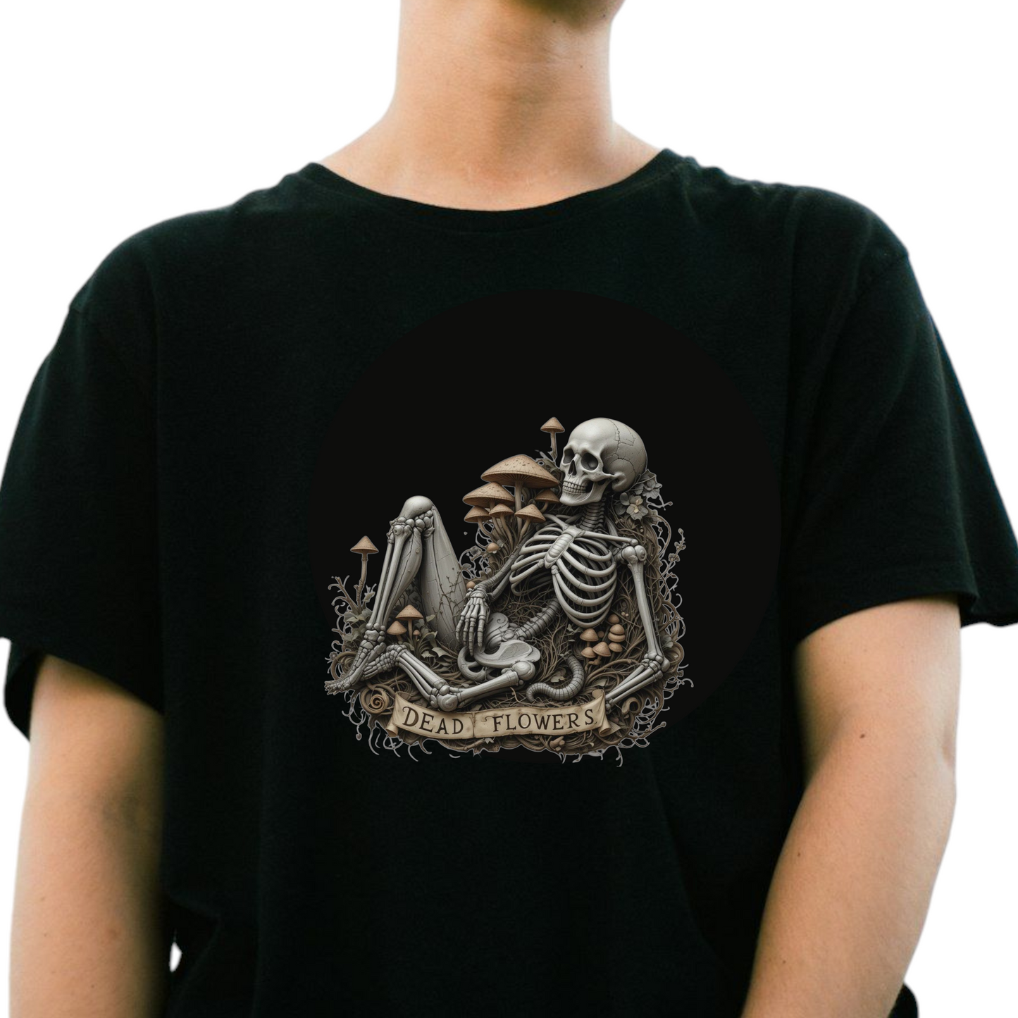 Dead Flowers Gothic Skeleton T-Shirt, Black, Cotton, Mushroom Design, Dark Fantasy Art Print