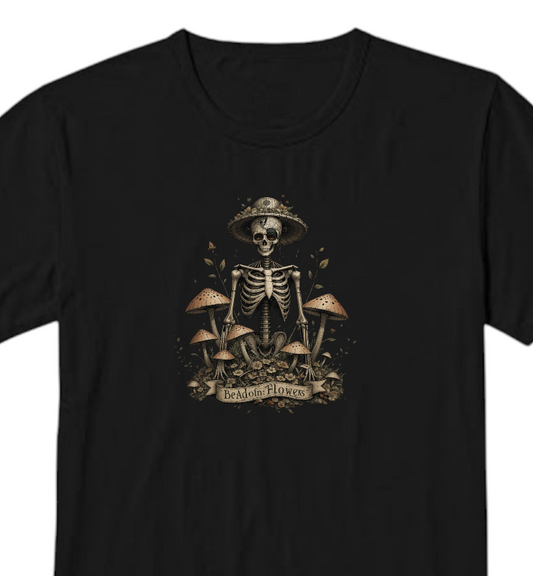Dead Flowers Collection Gothic Skeleton T-Shirt, Black, Cotton, Vintage Mushroom Garden Design, Graphic Print