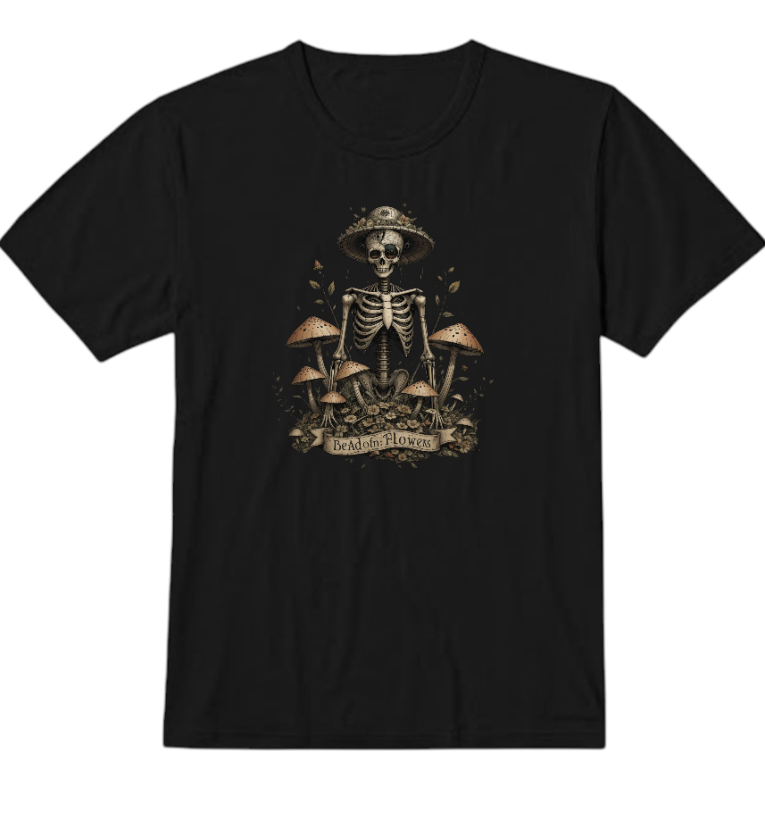 Dead Flowers Collection Gothic Skeleton T-Shirt, Black, Cotton, Vintage Mushroom Garden Design, Graphic Print