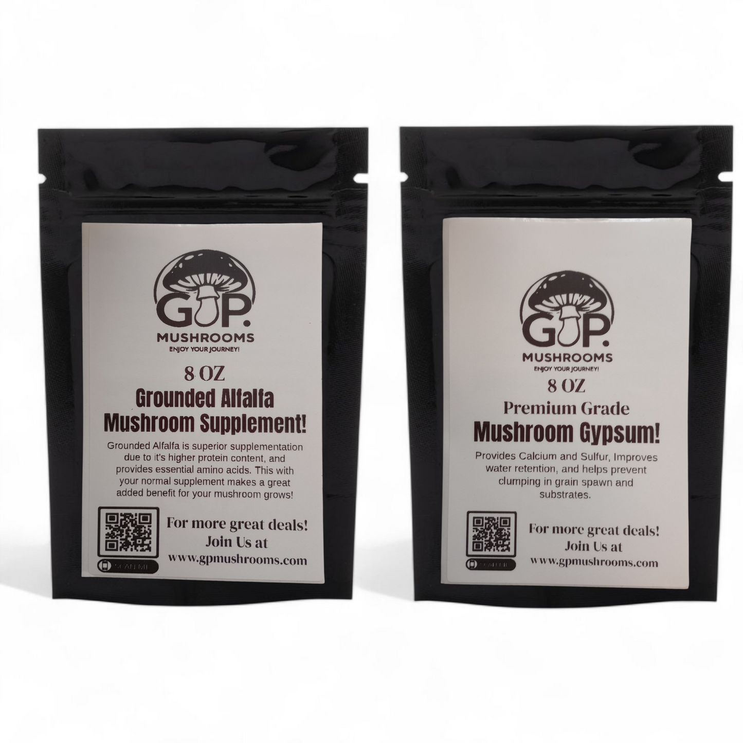 Duo Pack, Premium Mushroom Gypsum and Grounded Alfalfa Mushroom Supplement 8oz each