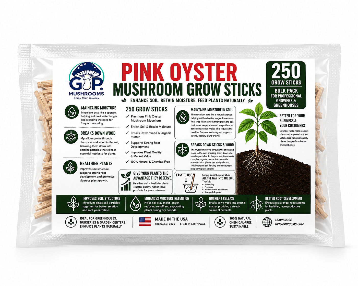 250 Pack Pink Oyster Mushroom Grow Sticks and Plant Root Enhancer