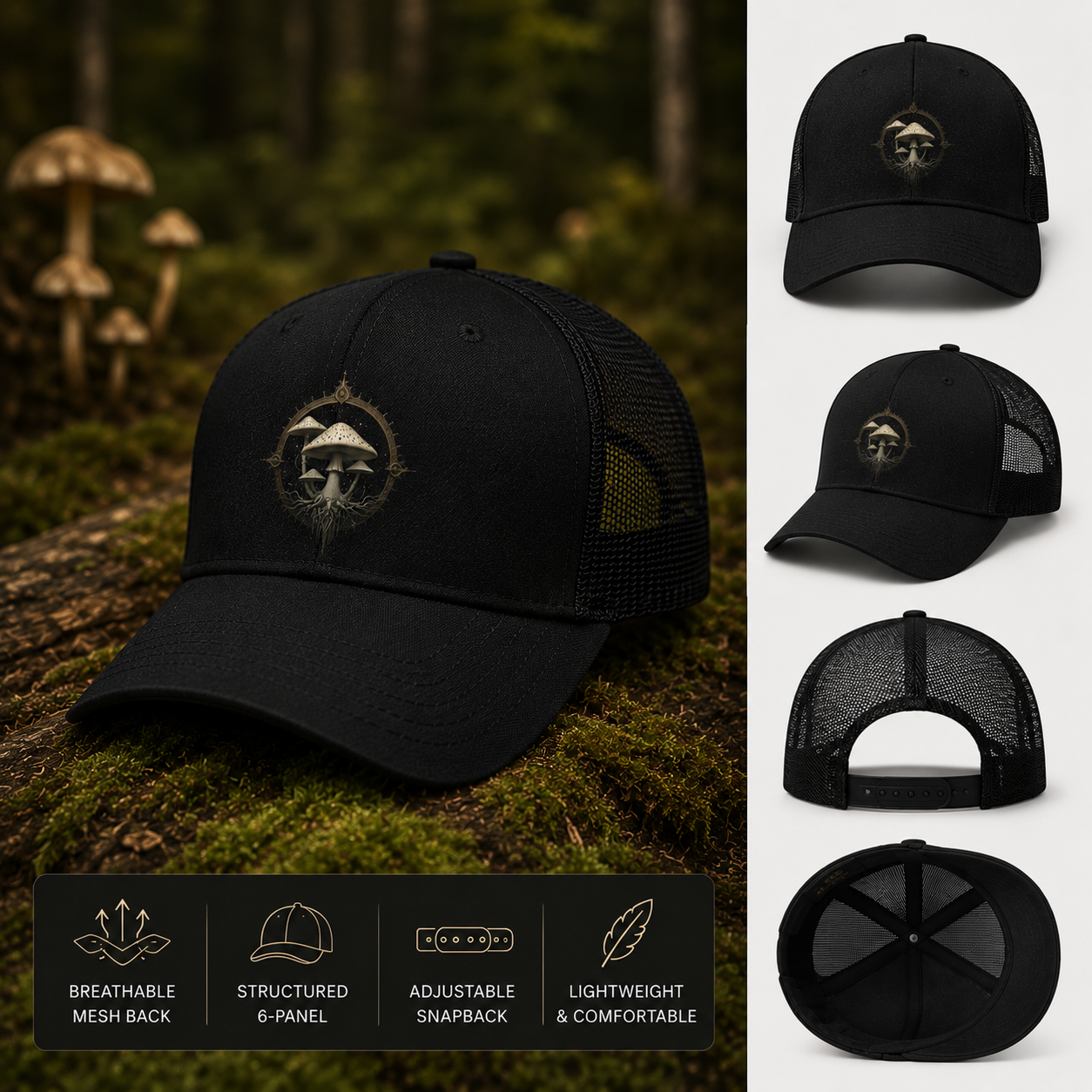 Mystic Mushroom Snapback Hat | Nature-Inspired Trucker Cap