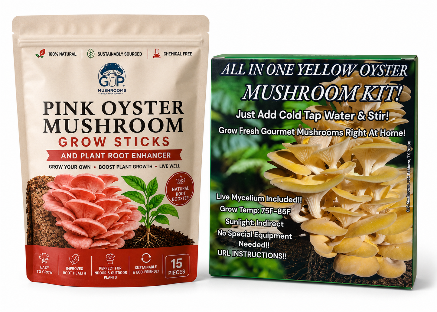 Yellow Oyster Kit & Pink Oyster Mushroom Grow Sticks | Home Mushroom & Garden Bundle
