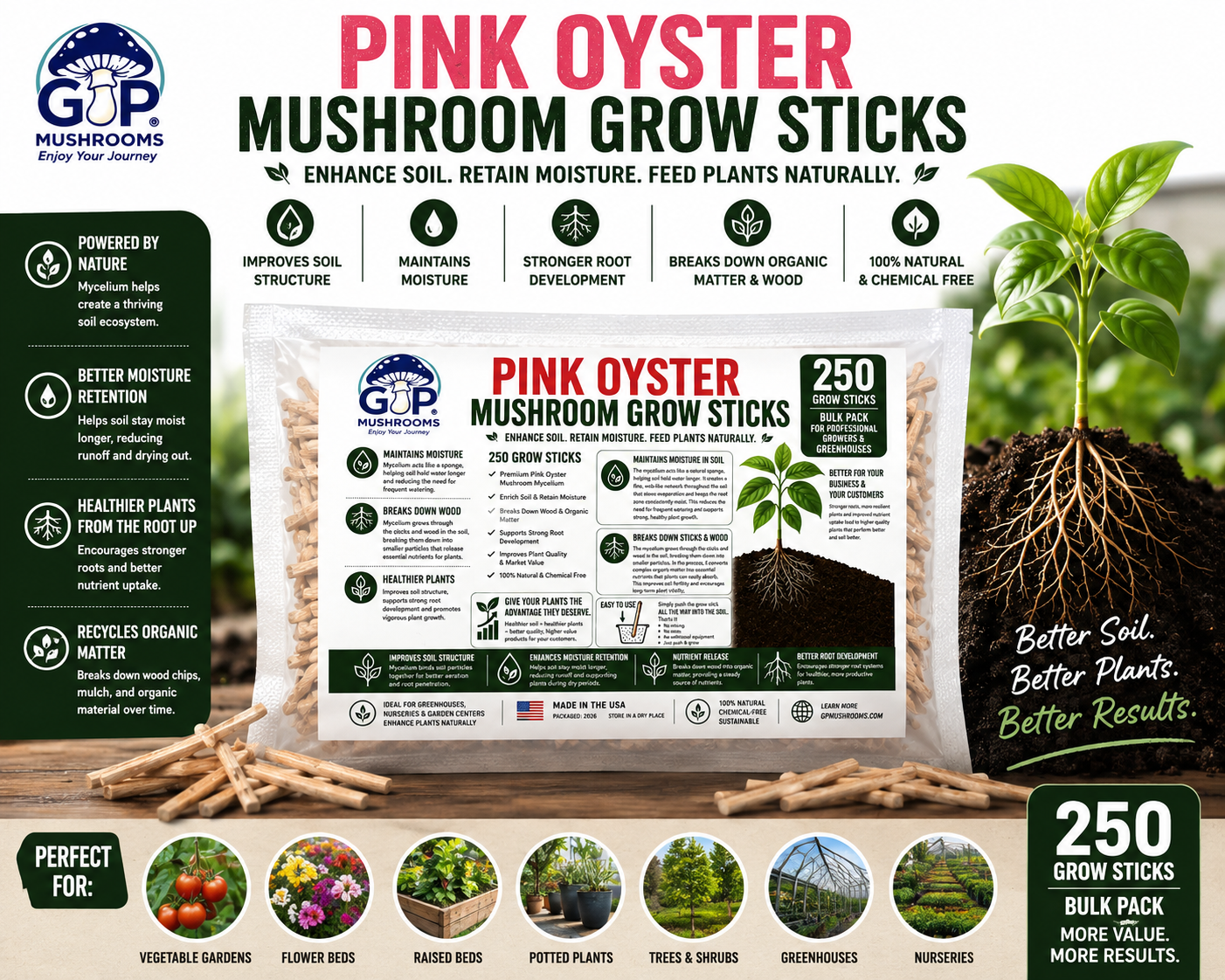 250 Pack Pink Oyster Mushroom Grow Sticks and Plant Root Enhancer