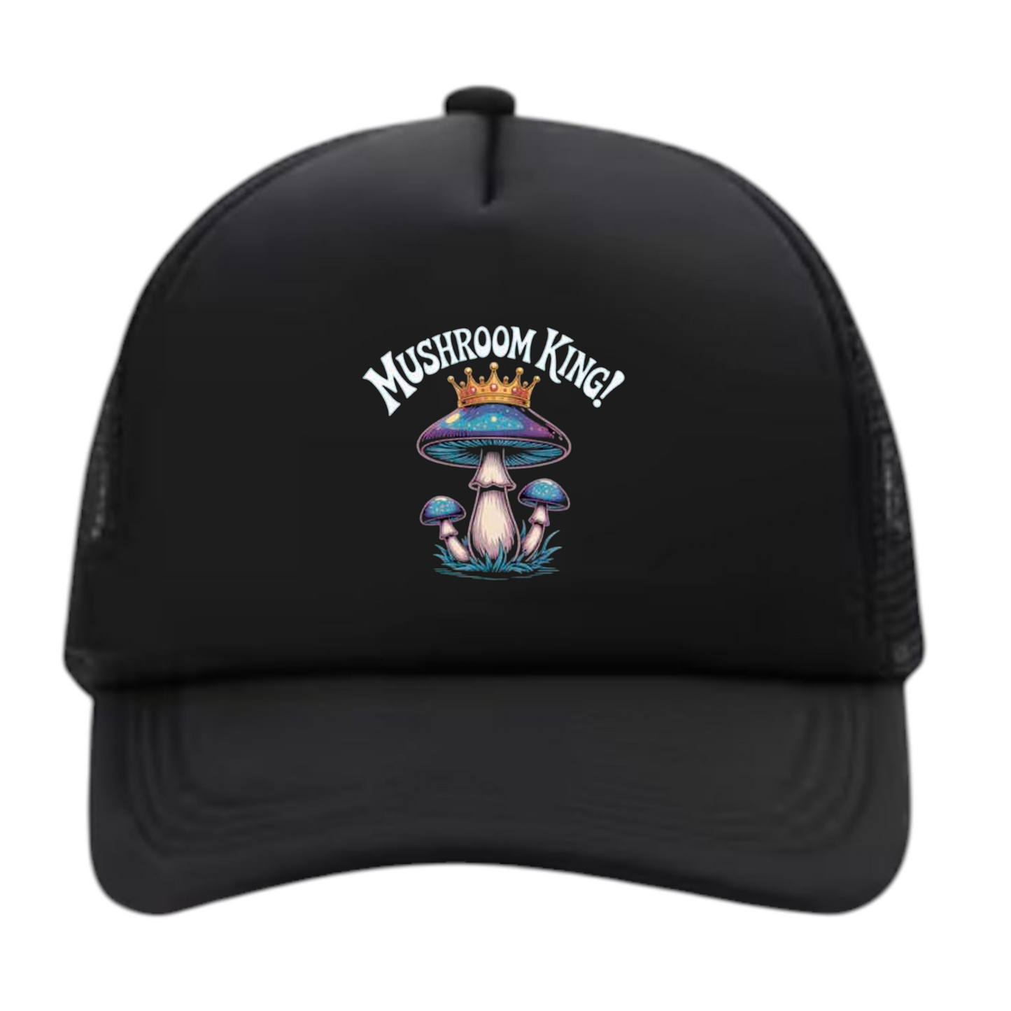 Mushroom King, Black Mesh Trucker Hat, Adjustable 22-24.4 inch, Breathable Crown Design