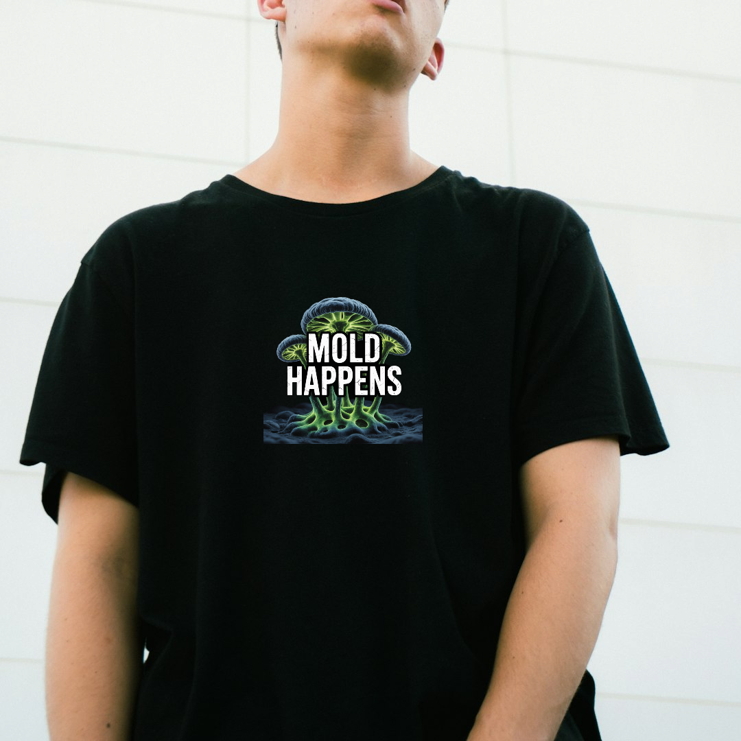 Mold Happens Funny Mushroom Graphic T-Shirt, Black, Cotton Crew Neck