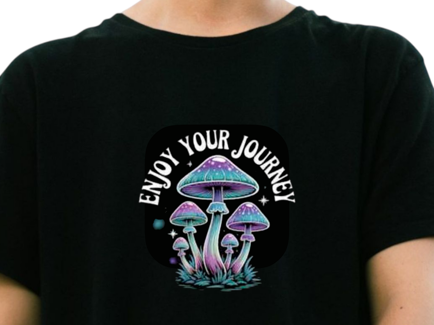 Enjoy Your Journey Graphic T-Shirt, Black, Crowned Mushroom Design