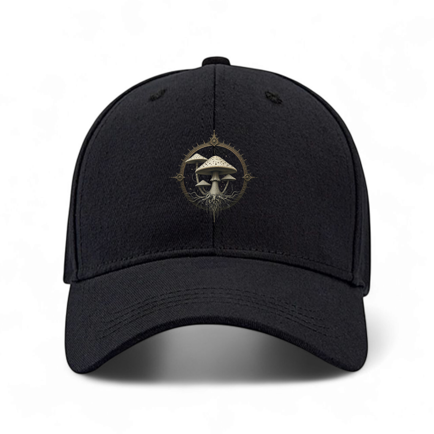 Dead Flowers Collection Black Baseball Cap with White Mushroom Sigil Logo