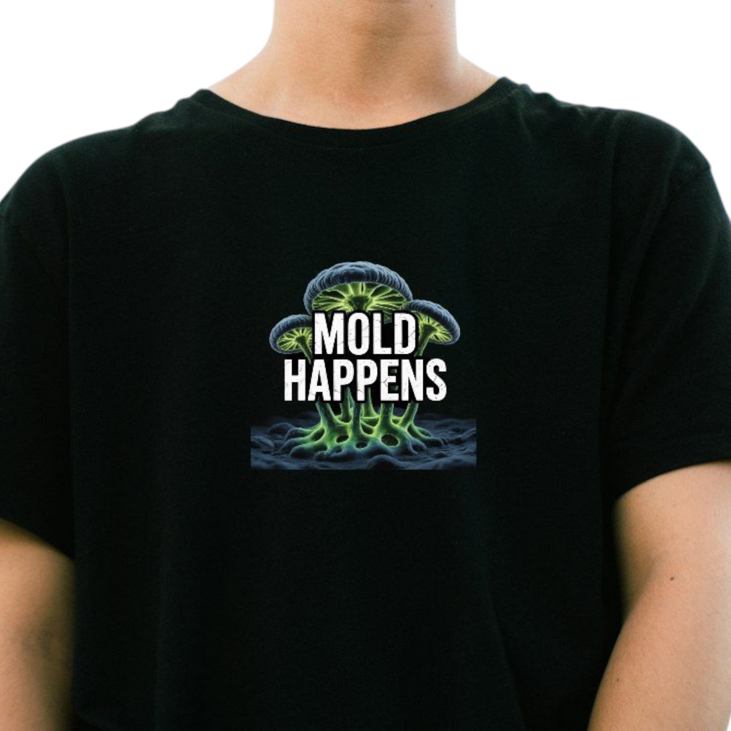 Mold Happens Funny Mushroom Graphic T-Shirt, Black, Cotton Crew Neck
