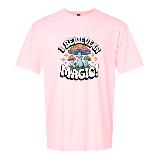 I Believe in Magic Mushroom Graphic T-Shirt, Pink, Short Sleeve, Unisex Casual Wear