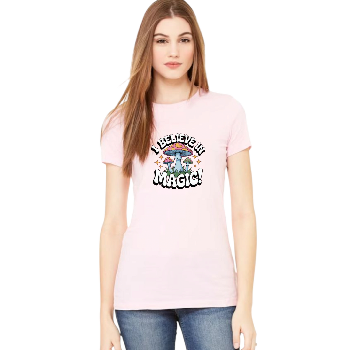 I Believe in Magic Mushroom Graphic T-Shirt, Pink, Short Sleeve, Unisex Casual Wear