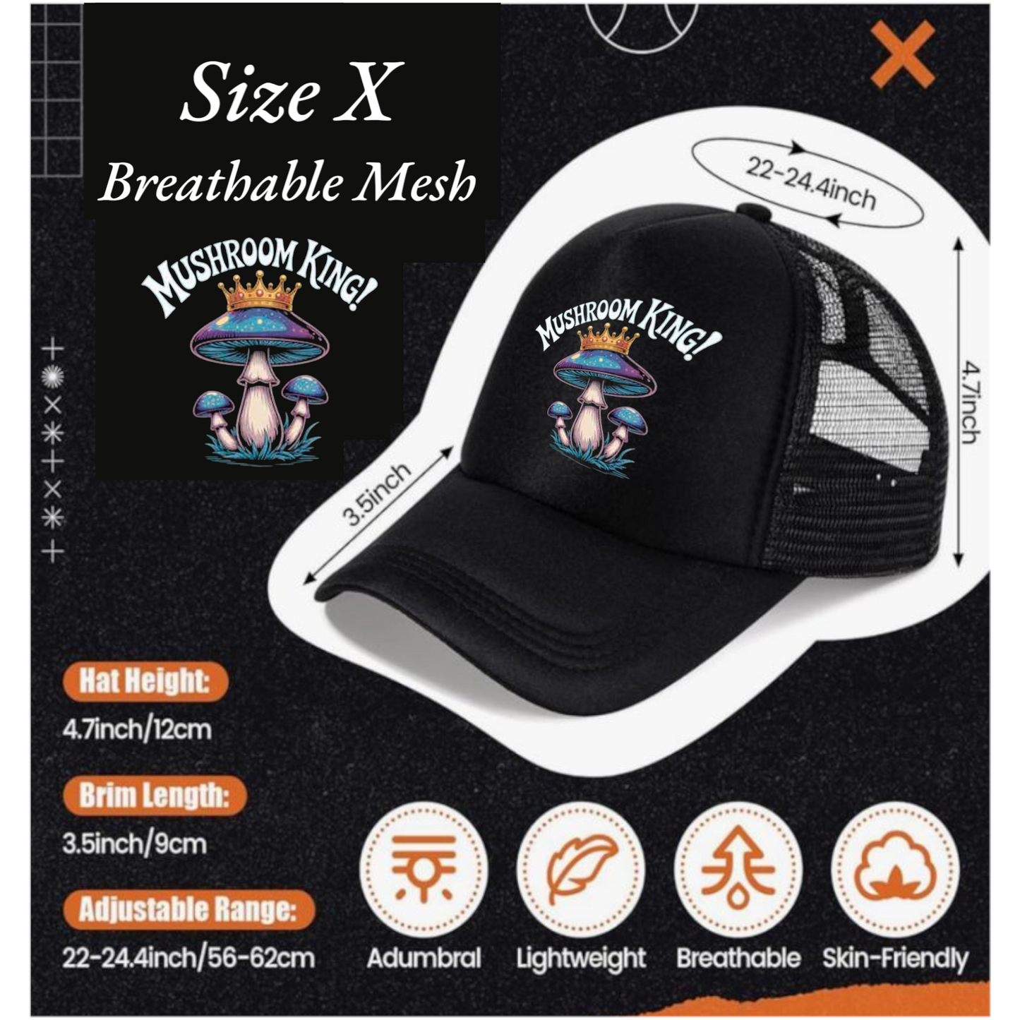 Mushroom King, Black Mesh Trucker Hat, Adjustable 22-24.4 inch, Breathable Crown Design