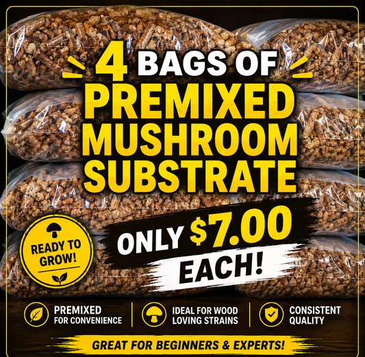 Pre-Measured Mushroom Substrate Made of Soy Hull Pellets, a splash of Alfalfa, and Harwood
