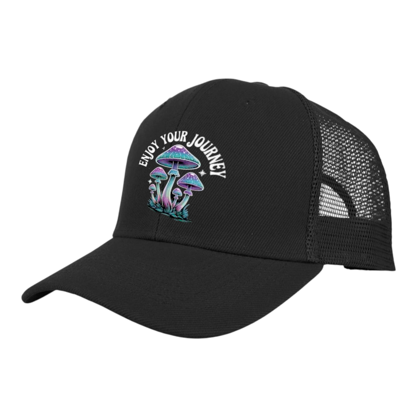 Enjoy Your Journey Mushroom Baseball Cap, Breathable Mesh Trucker Hat, Black, Adjustable 22-24.4 inch