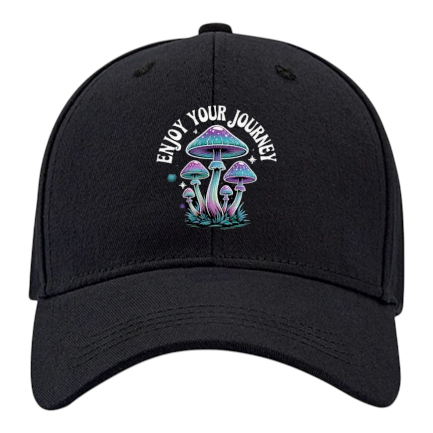 Enjoy Your Journey Mushroom Baseball Cap, Breathable Mesh Trucker Hat, Black, Adjustable 22-24.4 inch